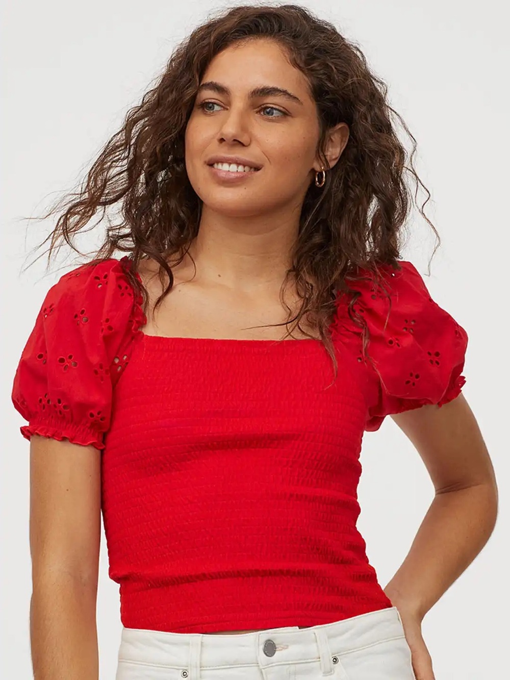 H&M Red Smocked Square-Neck Puff Sleeve Top